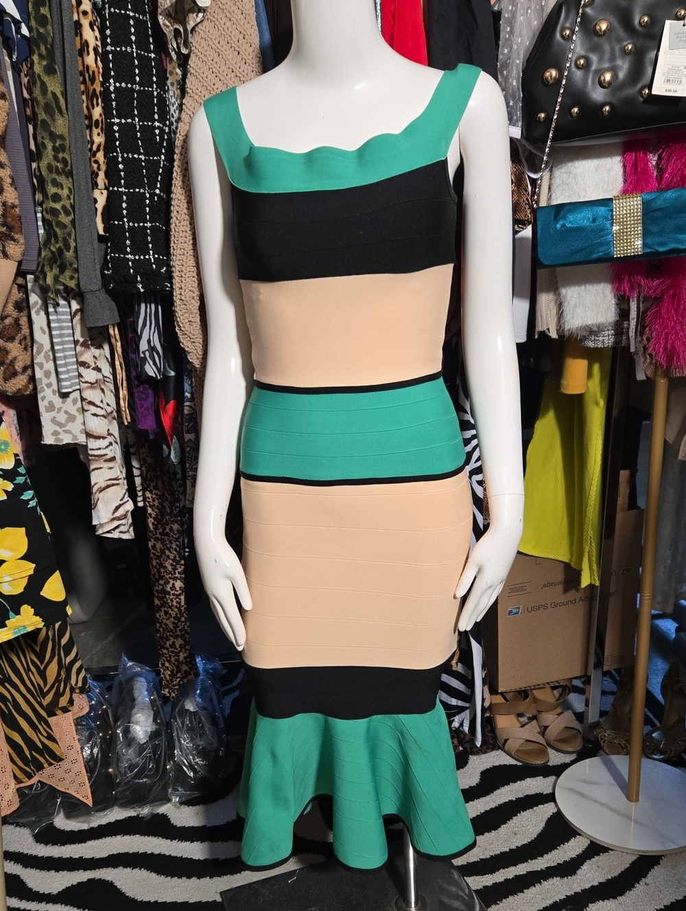 Striped Bandage Mermaid Dress in Green, Black & Nude